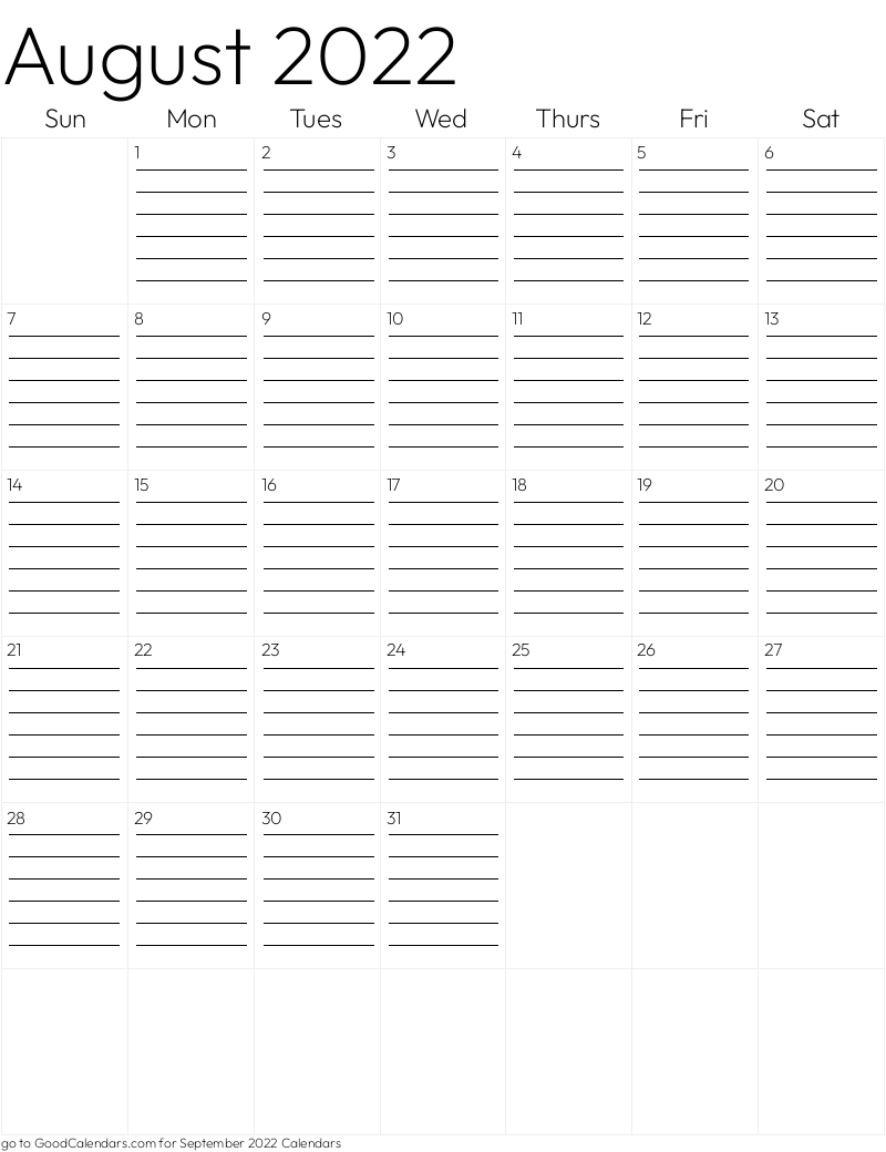 Lined August 2022 Calendar Template in Portrait