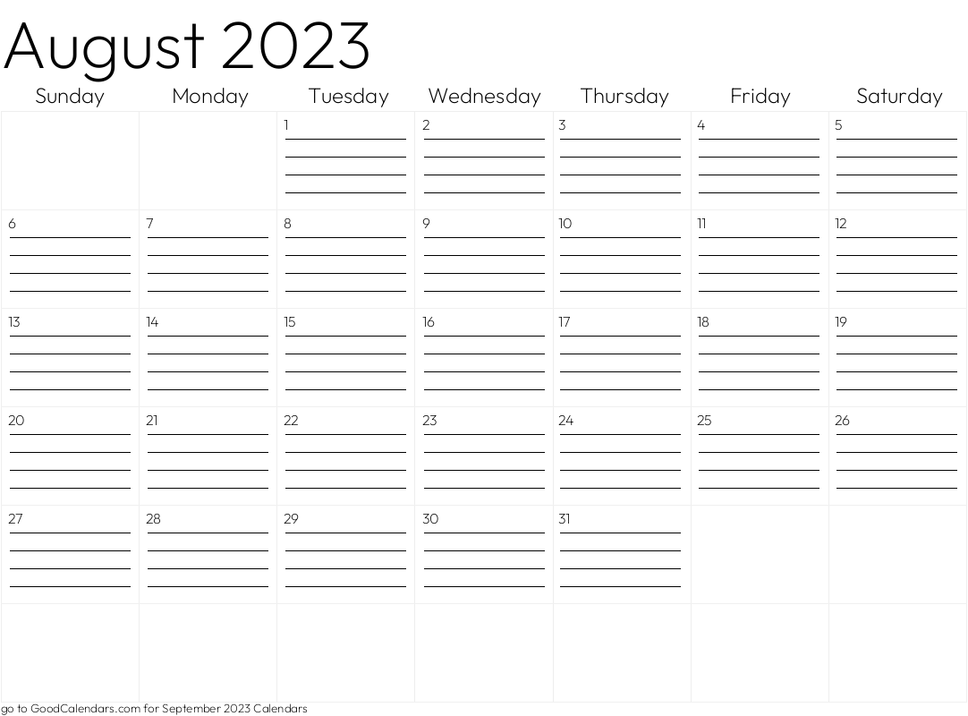 Lined August 2023 Calendar Template in Landscape