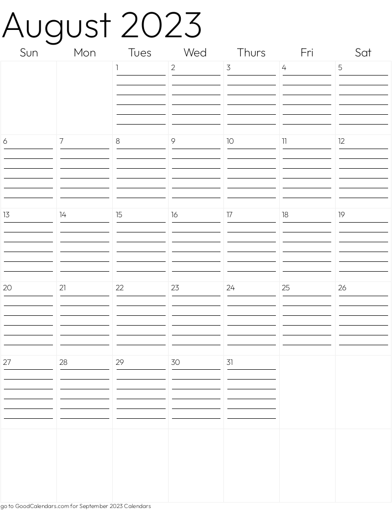 Lined August 2023 Calendar Template in Portrait