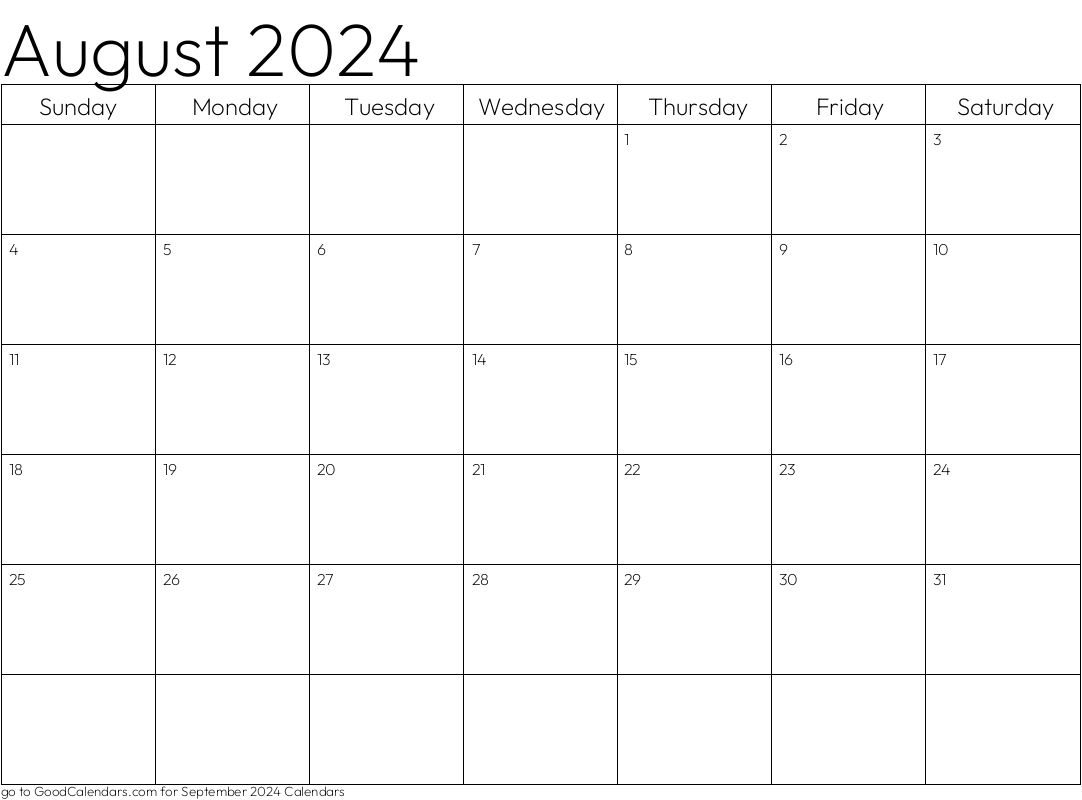 Standard August 2024 Calendar Template in Landscape
