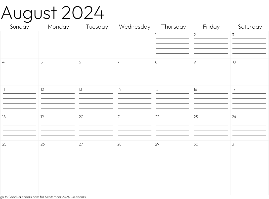 Lined August 2024 Calendar Template in Landscape
