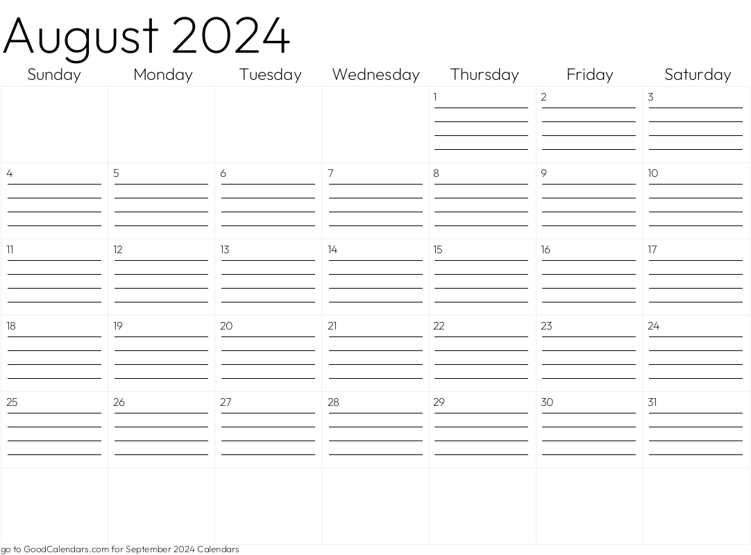 Lined August 2025 Calendar Template in Landscape