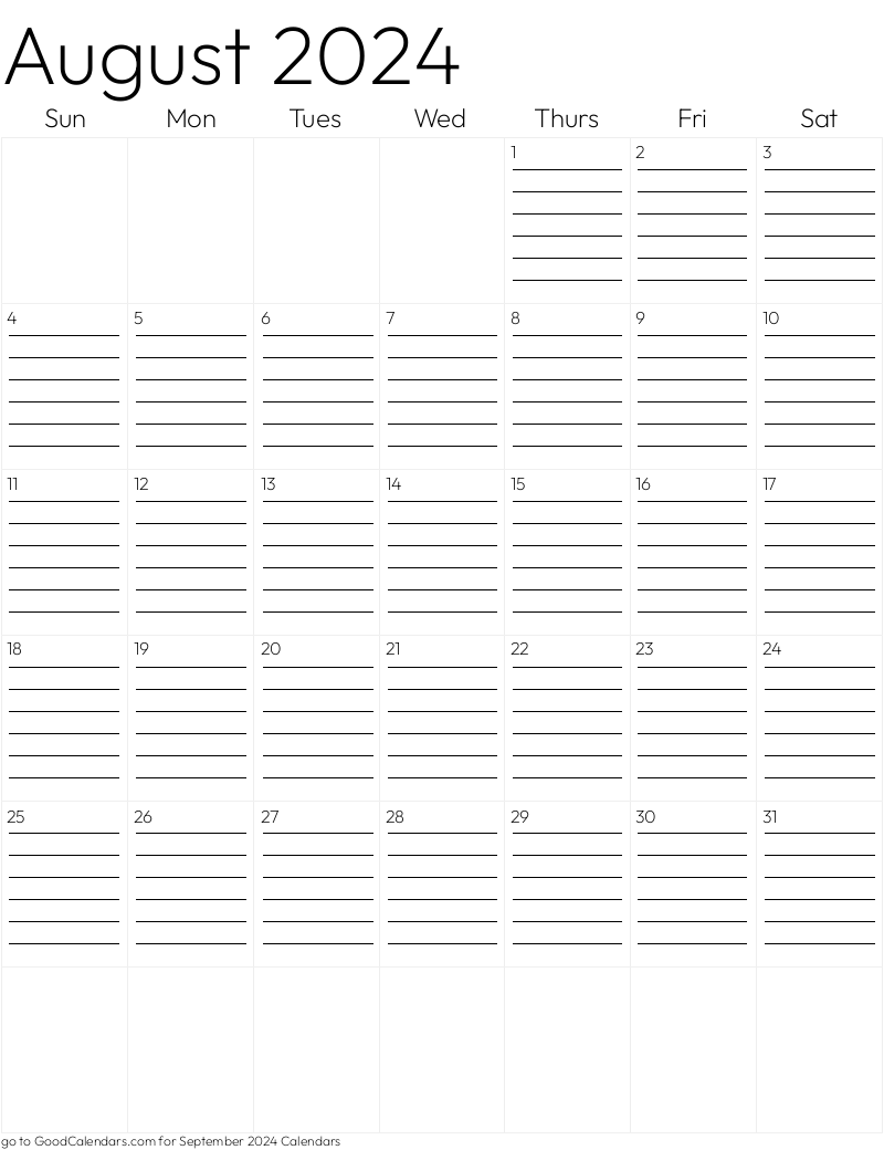 Lined August 2024 Calendar Template in Portrait