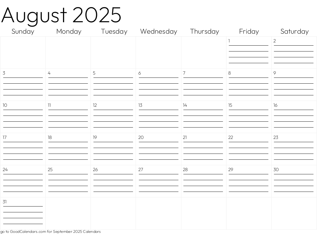 Lined August 2025 Calendar Template in Landscape