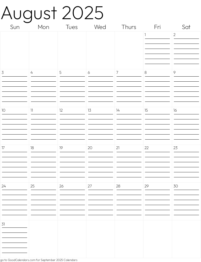 Lined August 2025 Calendar Template in Portrait