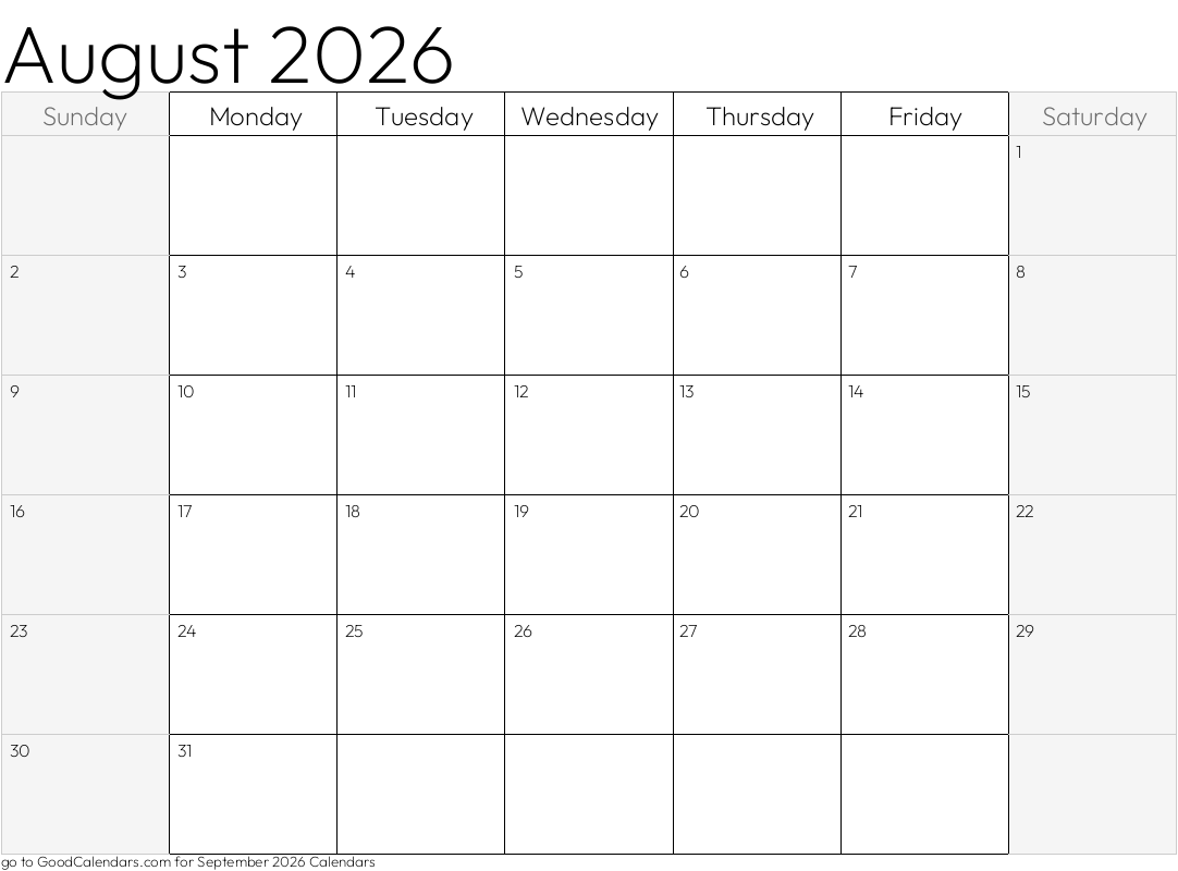 August 2026 Calendar with shaded weekends