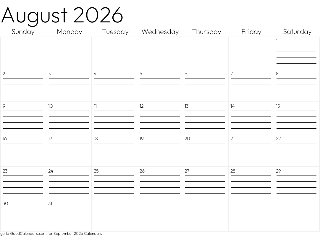 Lined August 2026 Calendar