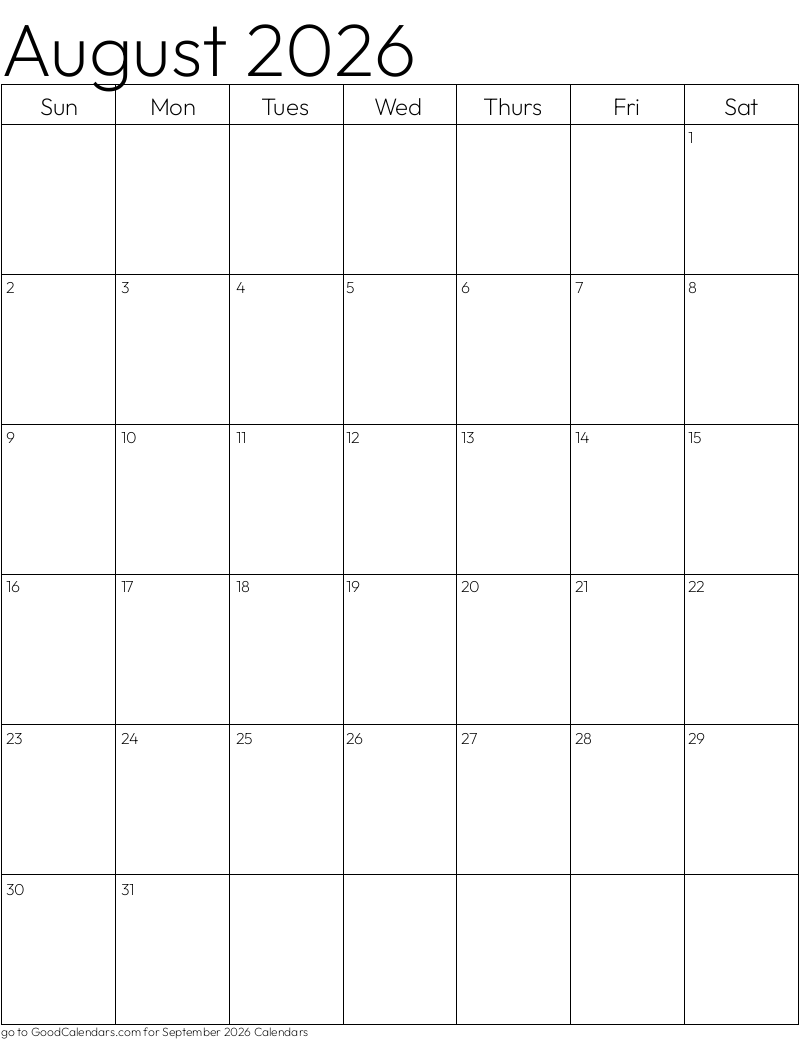 Standard August 2026 Calendar