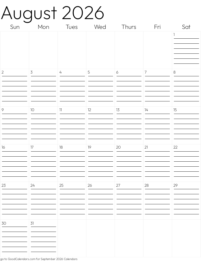 Lined August 2026 Calendar Template in Portrait