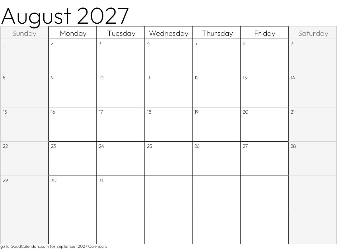 Shaded Weekends August 2027 Calendar Template in Landscape