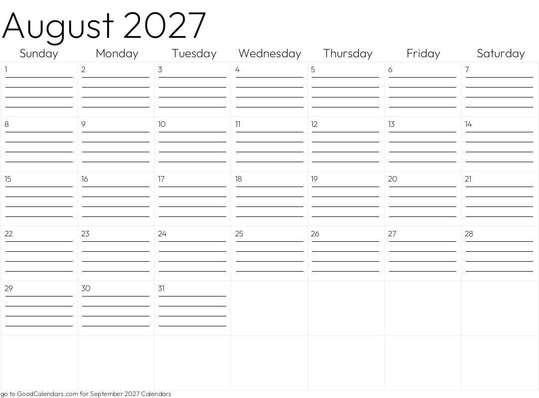 Lined August 2027 Calendar Template in Landscape