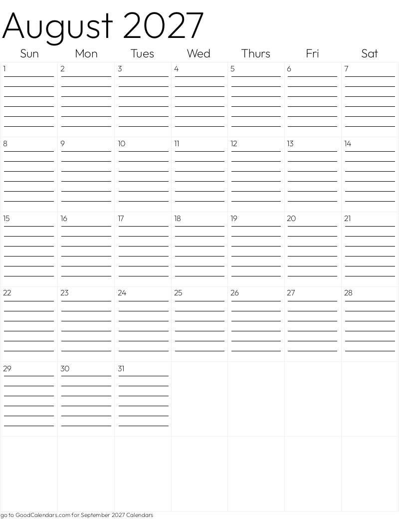 Lined August 2027 Calendar Template in Portrait