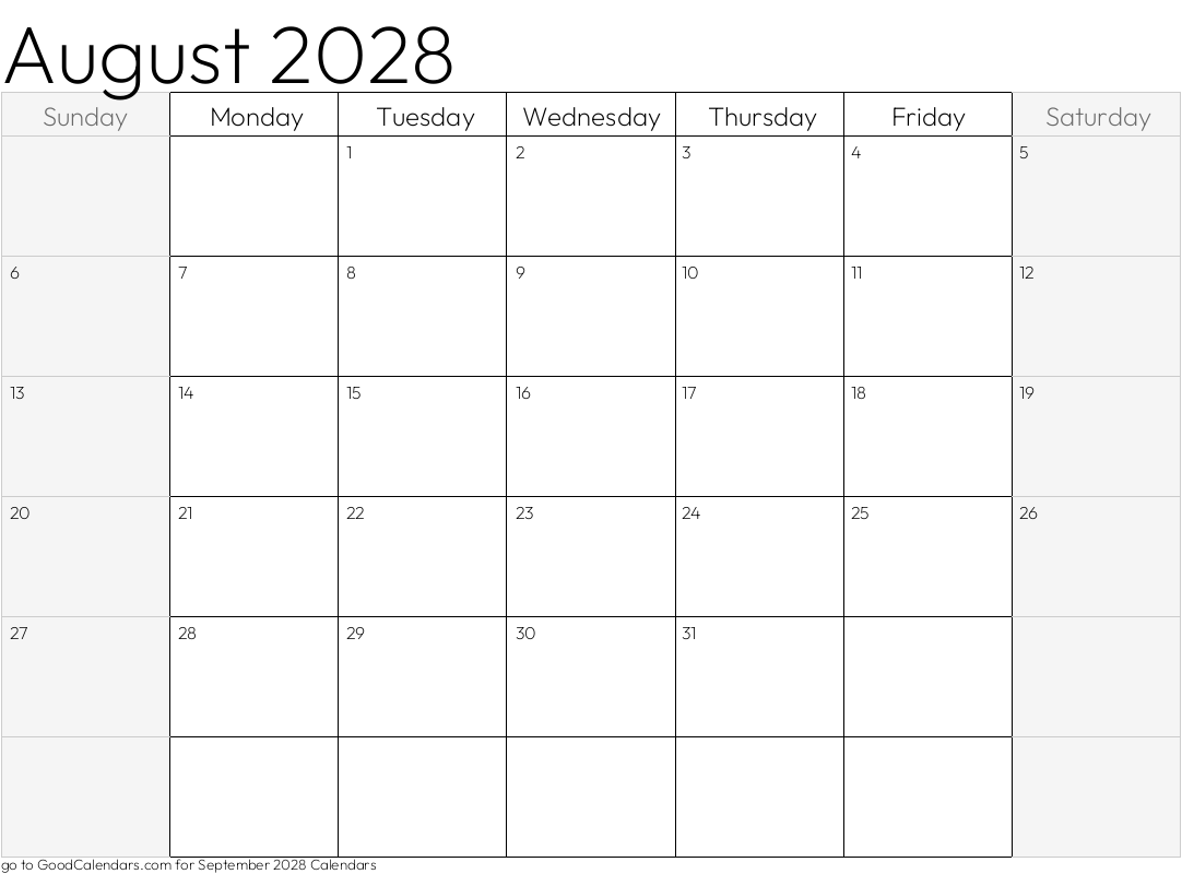 Shaded Weekends August 2028 Calendar Template in Landscape