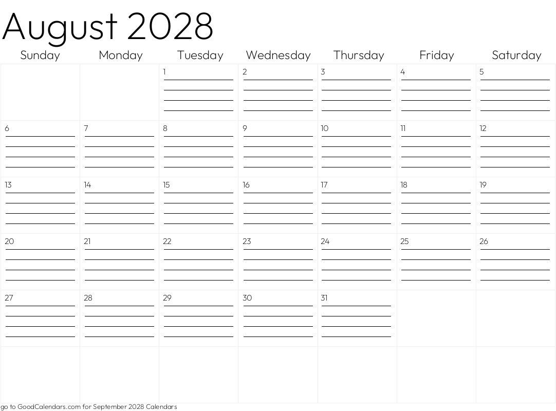 Lined August 2028 Calendar Template in Landscape