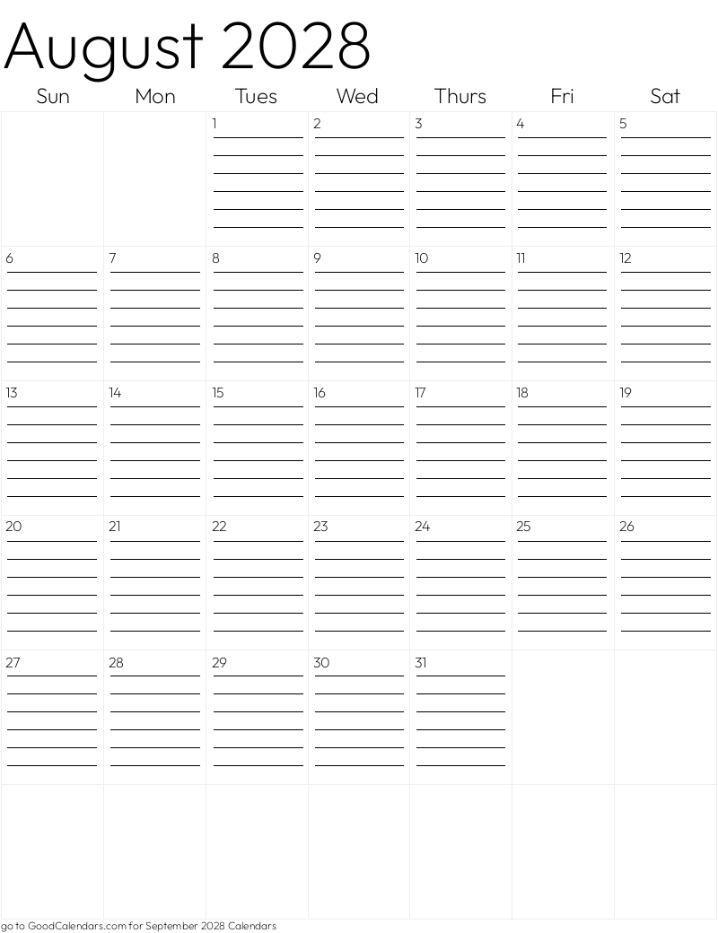 Lined August 2028 Calendar Template in Portrait