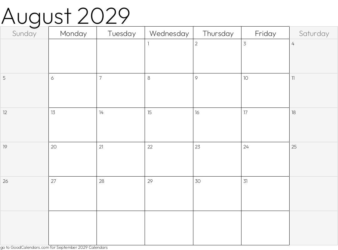 Shaded Weekends August 2029 Calendar Template in Landscape