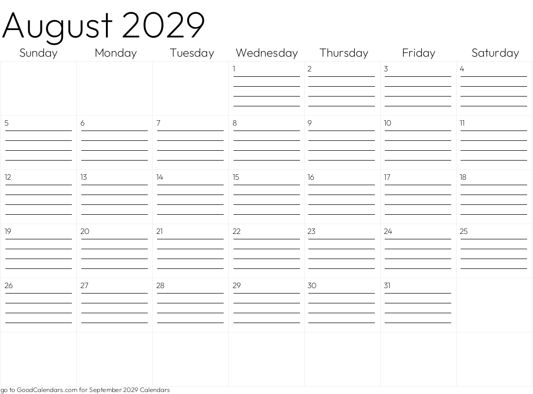 Lined August 2029 Calendar Template in Landscape