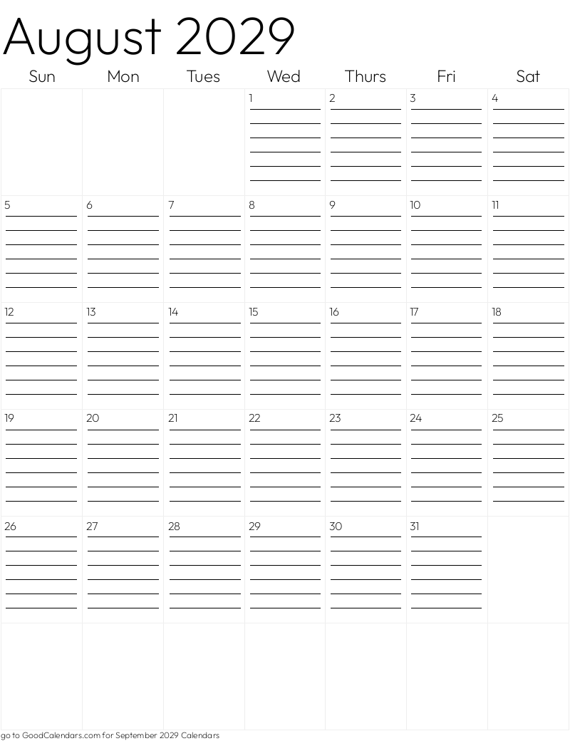 Lined August 2029 Calendar Template in Portrait