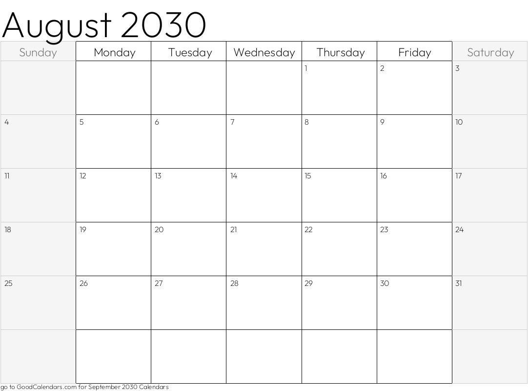 August 2030 Calendar with shaded weekends