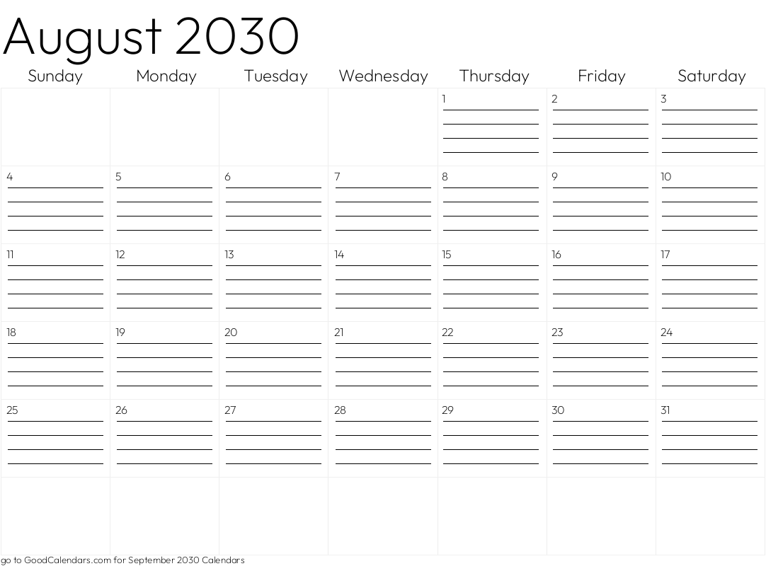 Lined August 2030 Calendar Template in Landscape