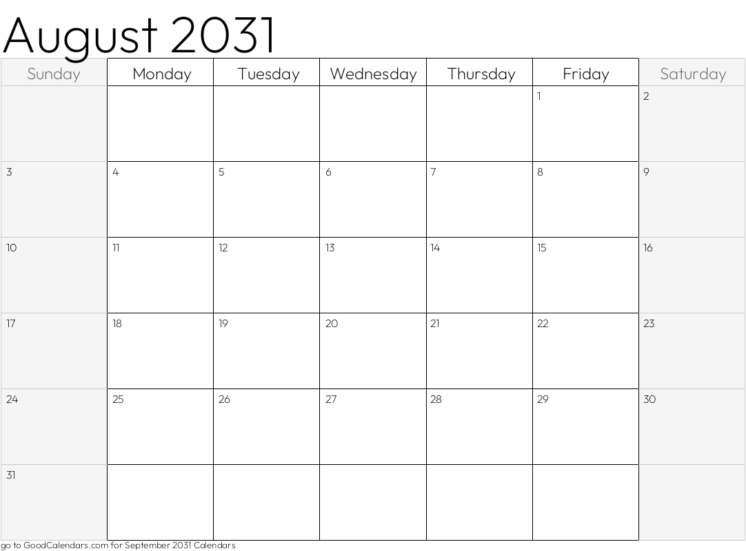 August 2031 Calendar with shaded weekends