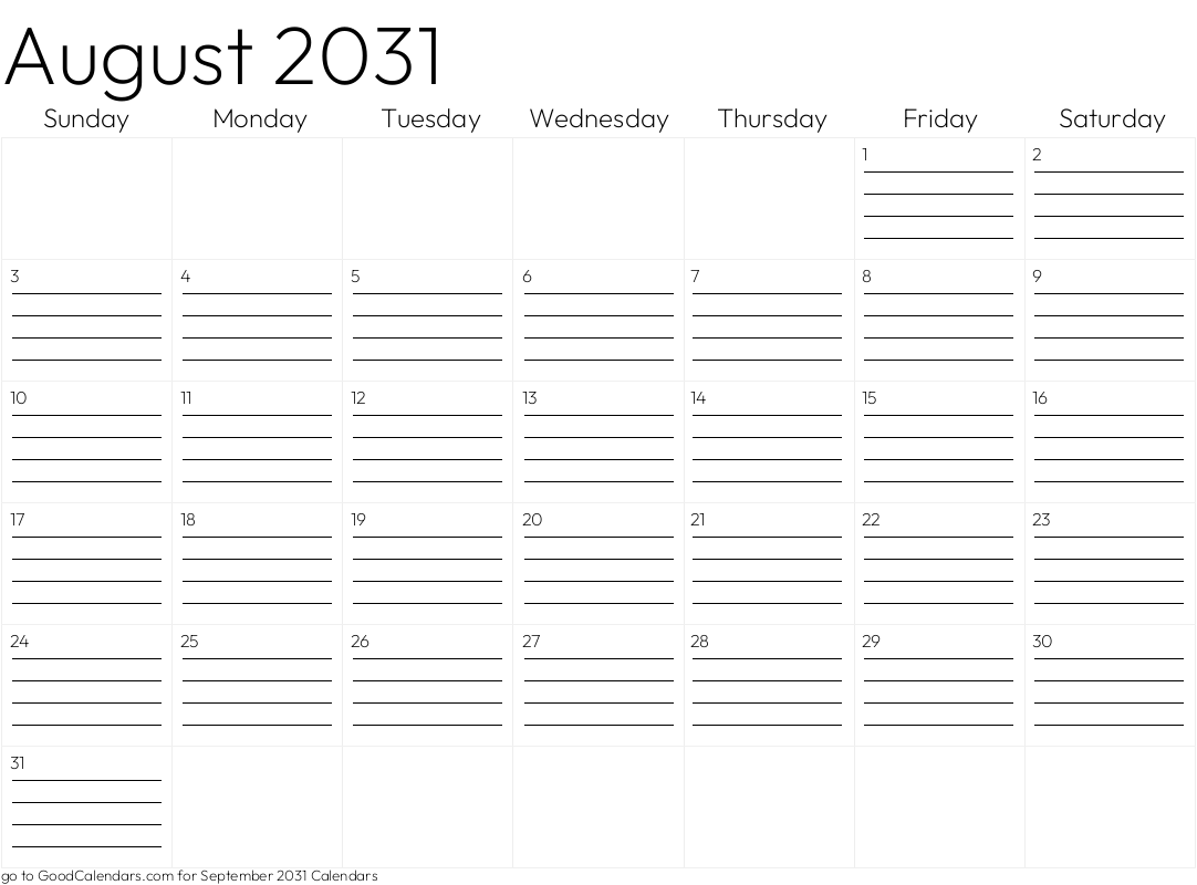 Lined August 2031 Calendar Template in Landscape