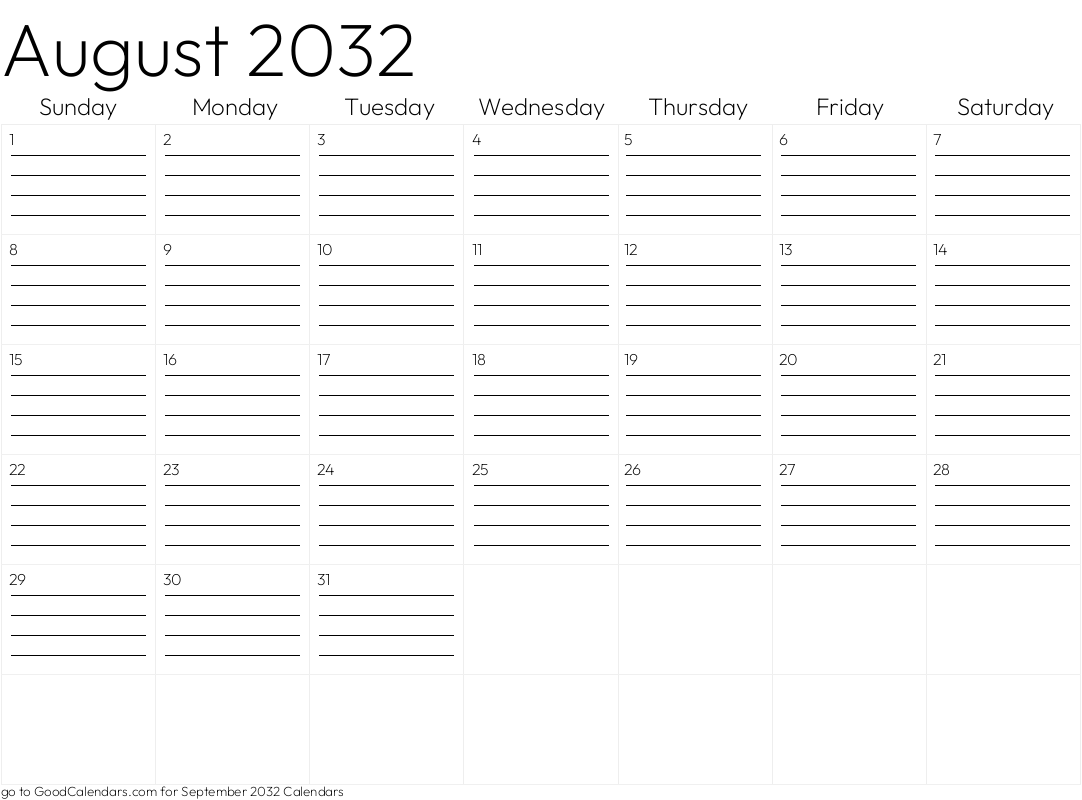 Lined August 2032 Calendar Template in Landscape