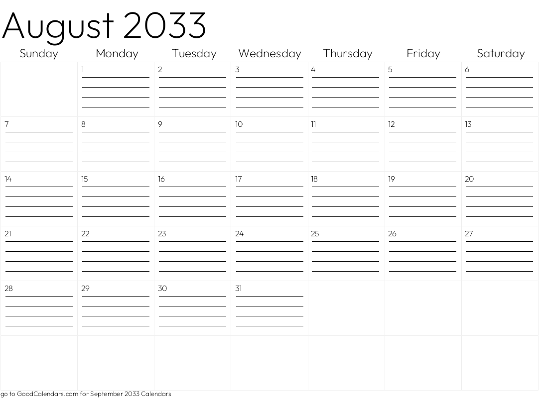 Lined August 2033 Calendar Template in Landscape