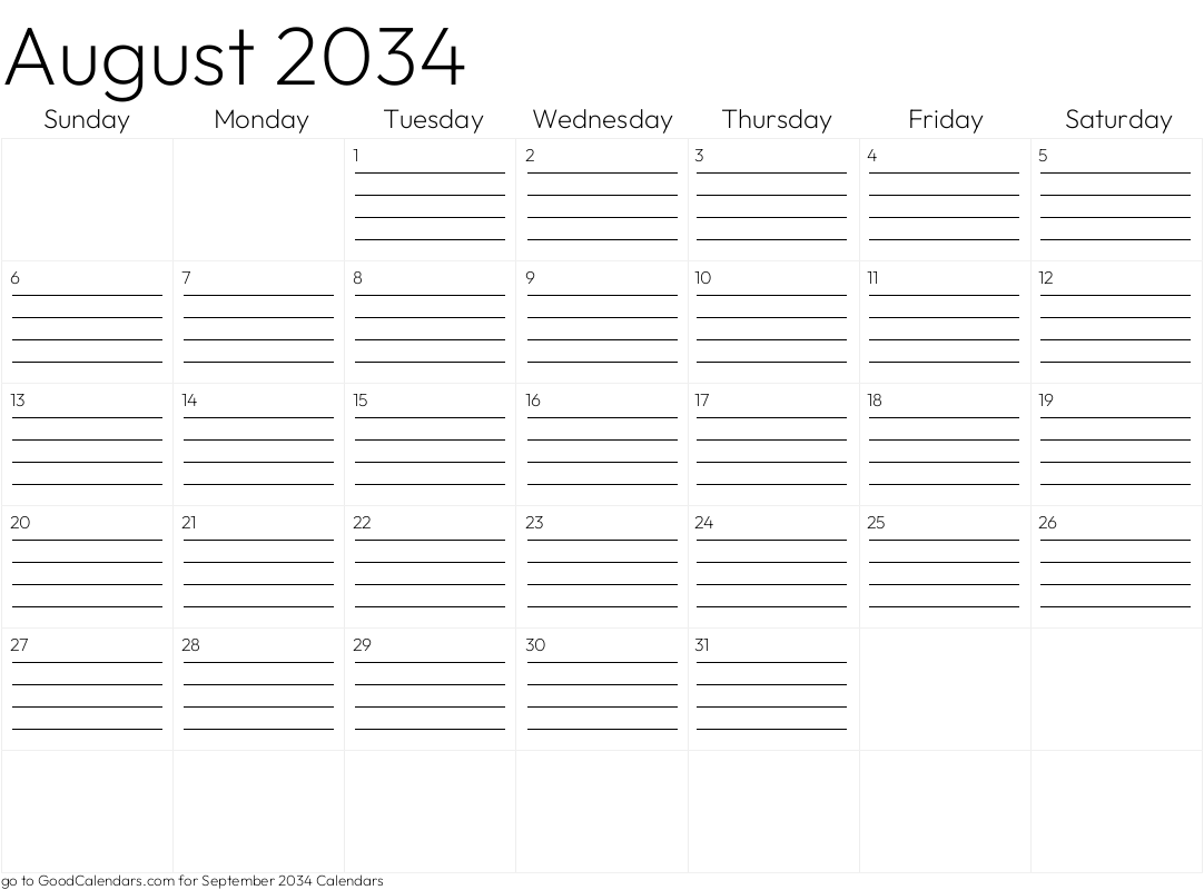 Lined August 2034 Calendar Template in Landscape