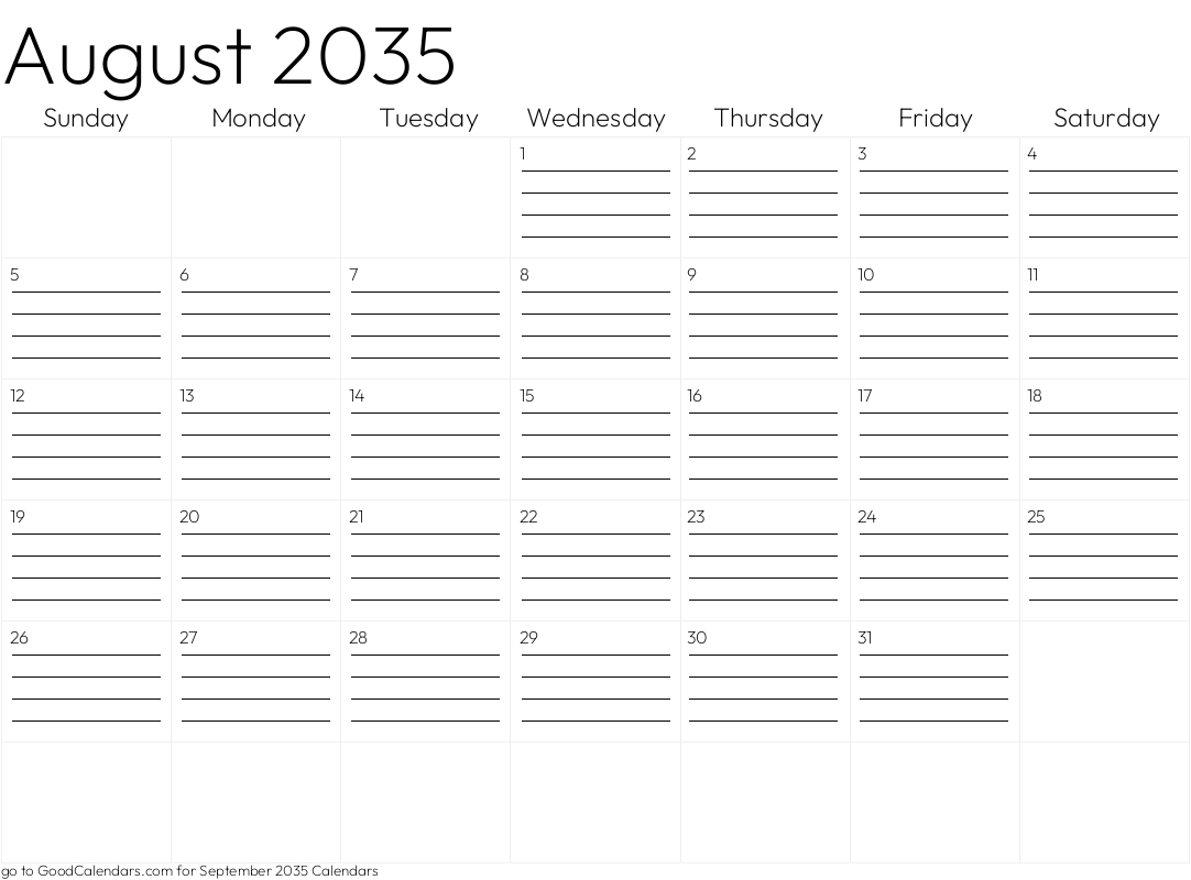 Lined August 2035 Calendar Template in Landscape