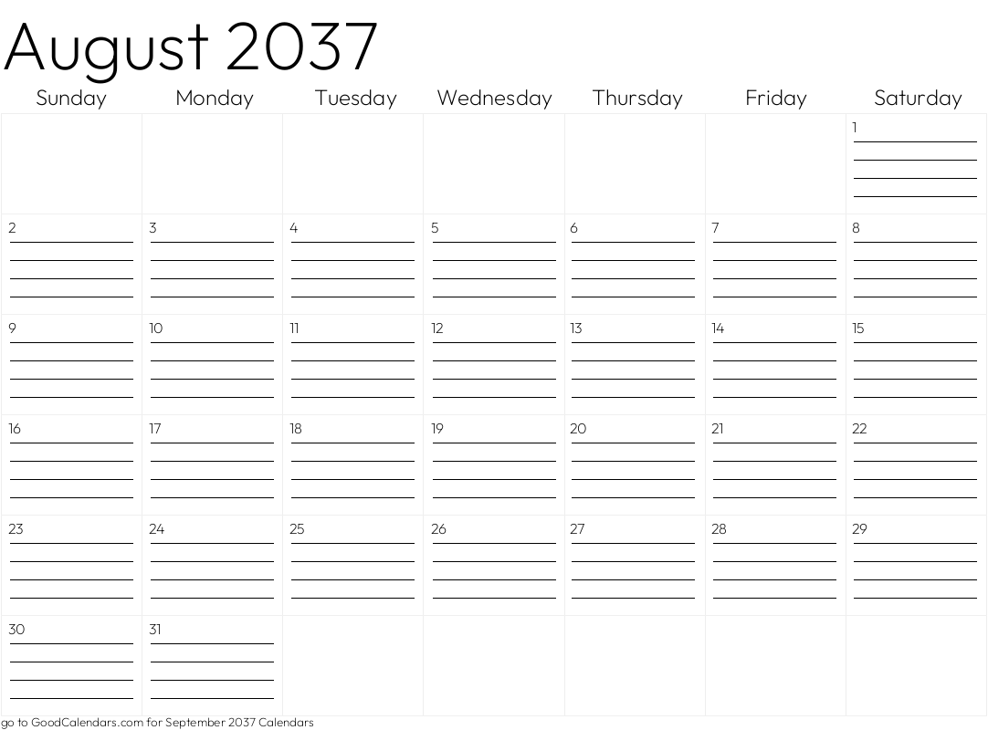 Lined August 2037 Calendar Template in Landscape