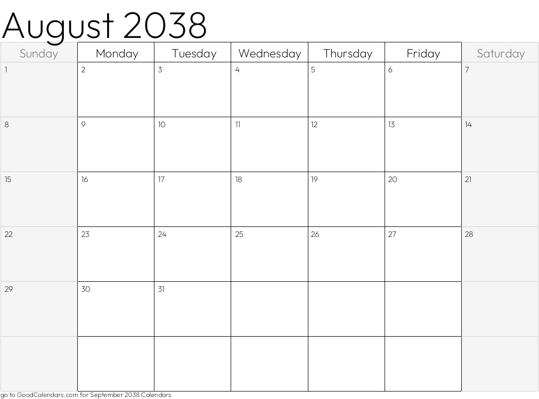 Shaded Weekends August 2038 Calendar Template in Landscape