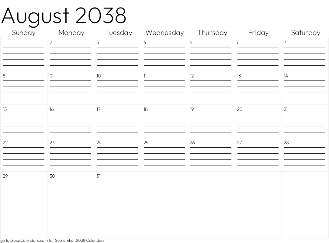 Lined August 2038 Calendar Template in Landscape