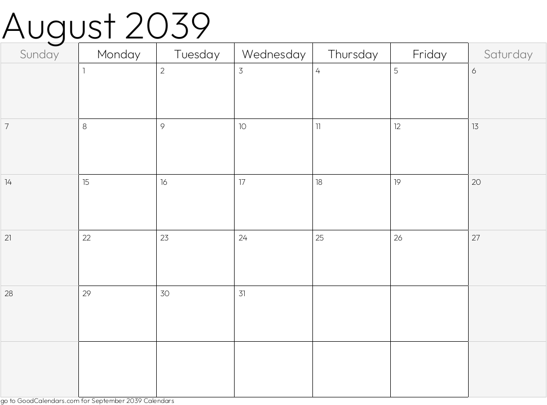 Shaded Weekends August 2039 Calendar Template in Landscape