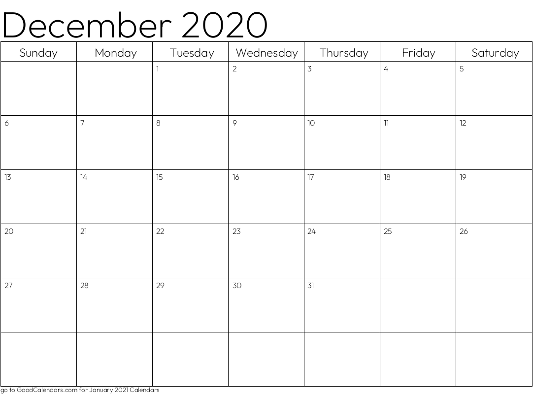 Standard December 2020 Calendar