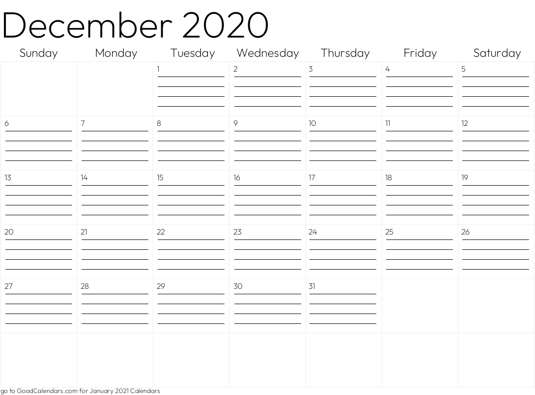 Lined December 2020 Calendar