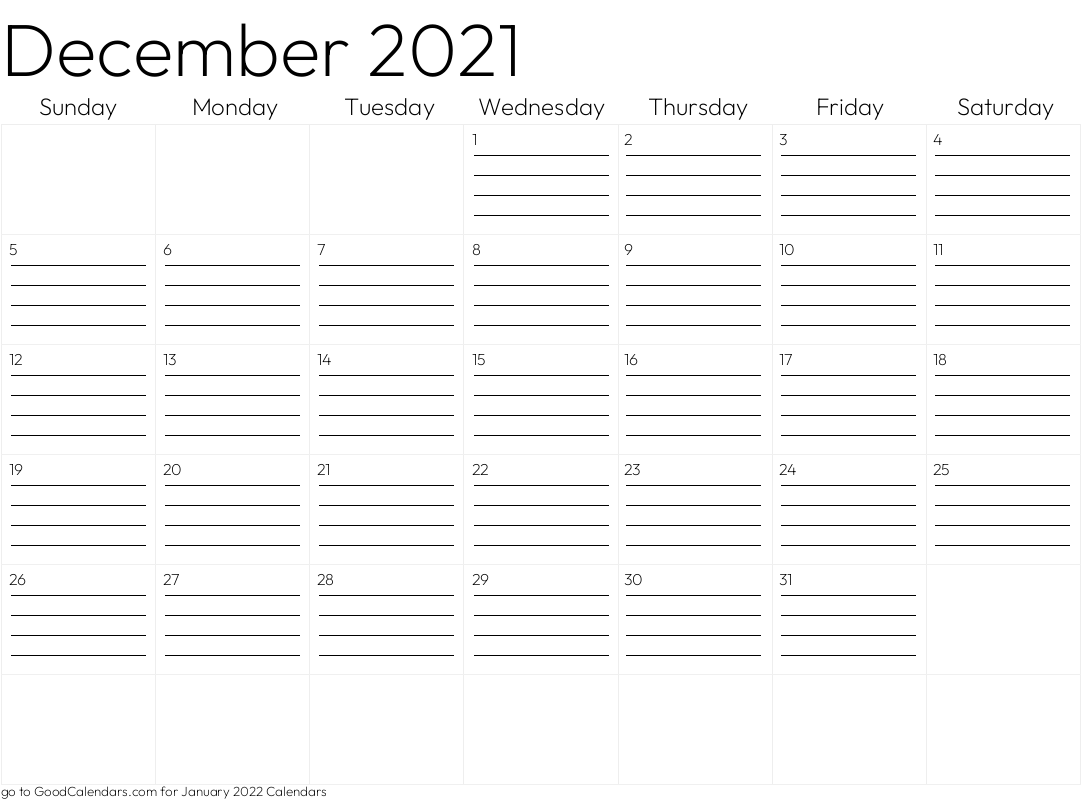 Lined December 2021 Calendar Template in Landscape