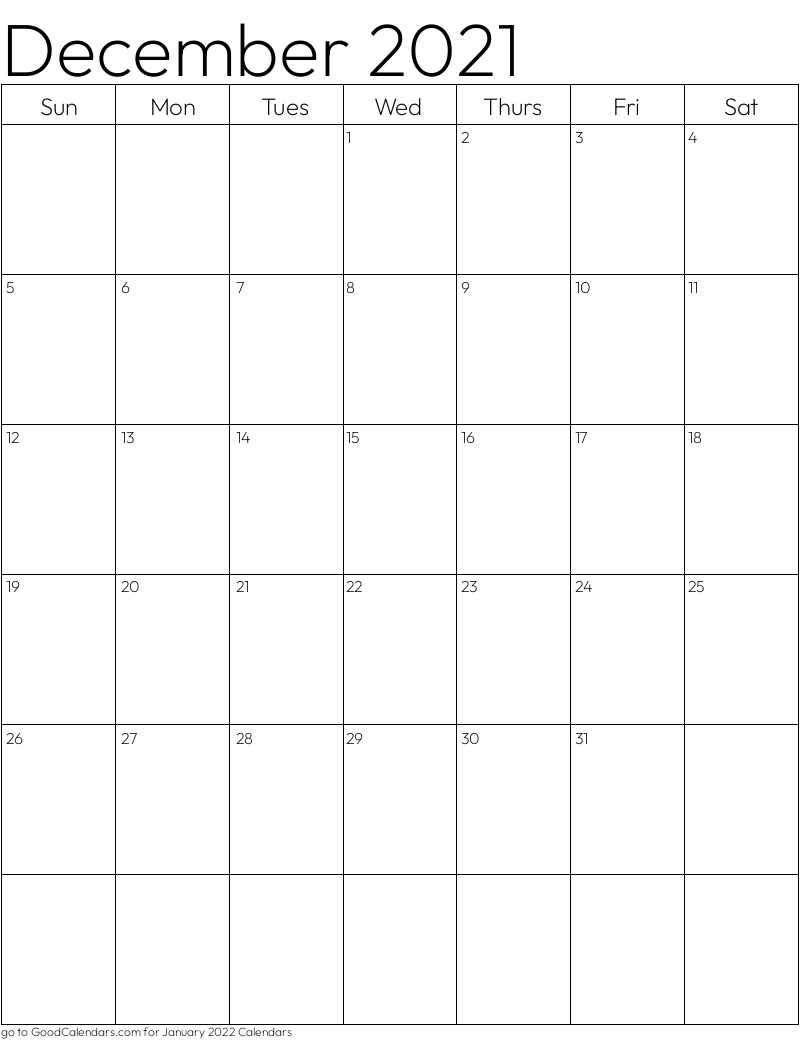 Standard December 2021 Calendar Template in Portrait