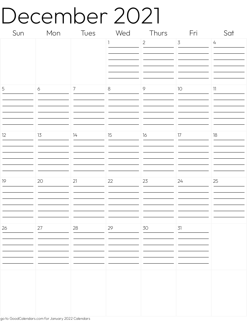 Lined December 2021 Calendar Template in Portrait