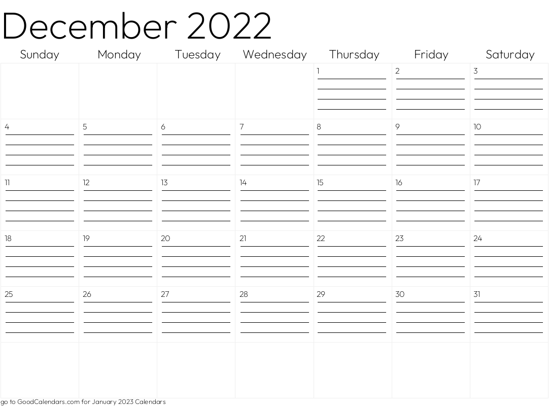 December 2022 Lined Calendar