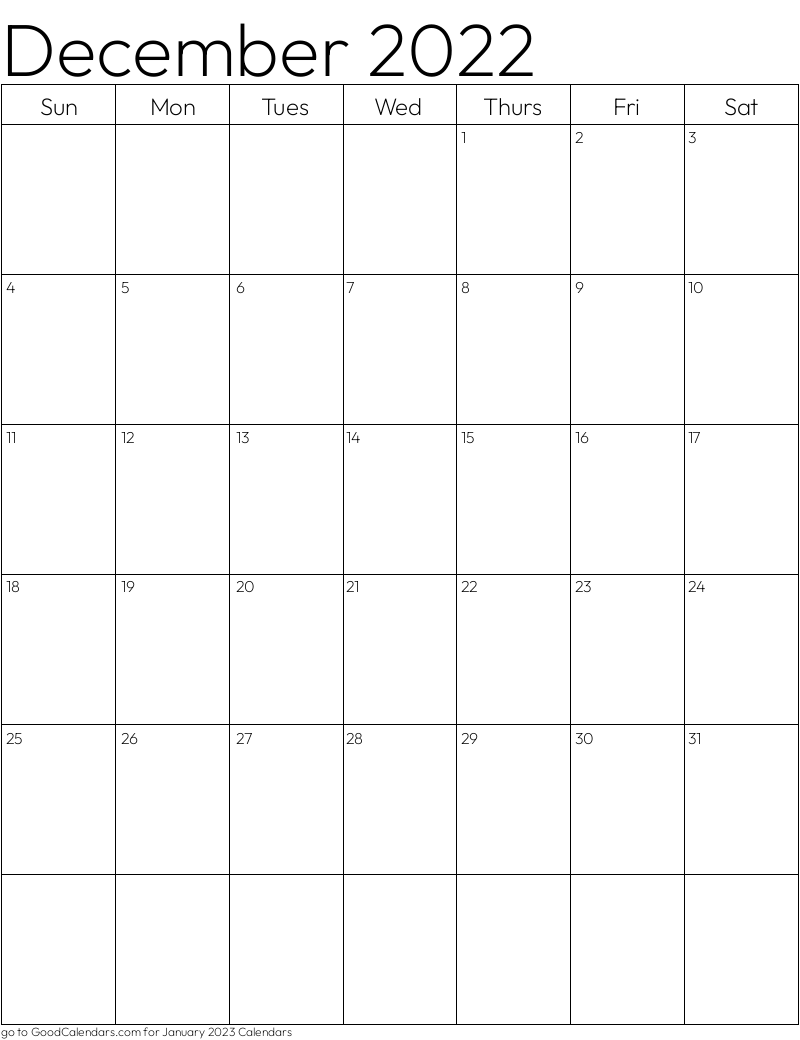 Standard December 2022 Calendar