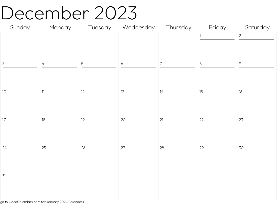 December 2023 Lined Calendar