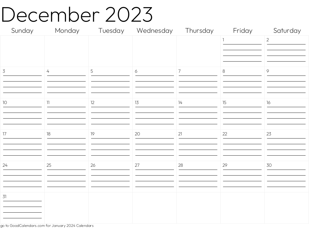 Lined December 2023 Calendar Template in Landscape