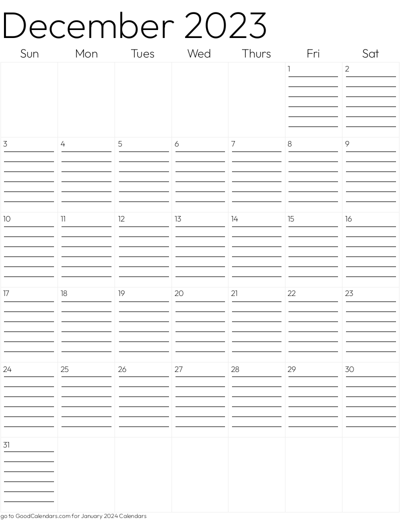 Lined December 2023 Calendar Template In Portrait