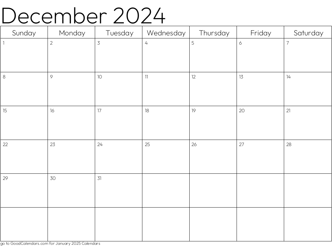 Standard December 2024 Calendar Template in Landscape