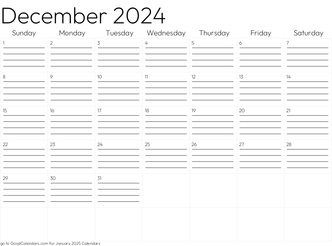 Lined December 2024 Calendar Template in Landscape