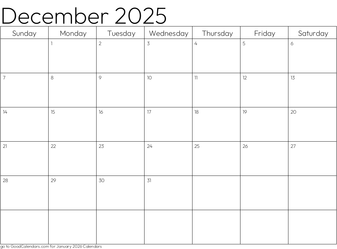 Standard December 2025 Calendar Template in Landscape