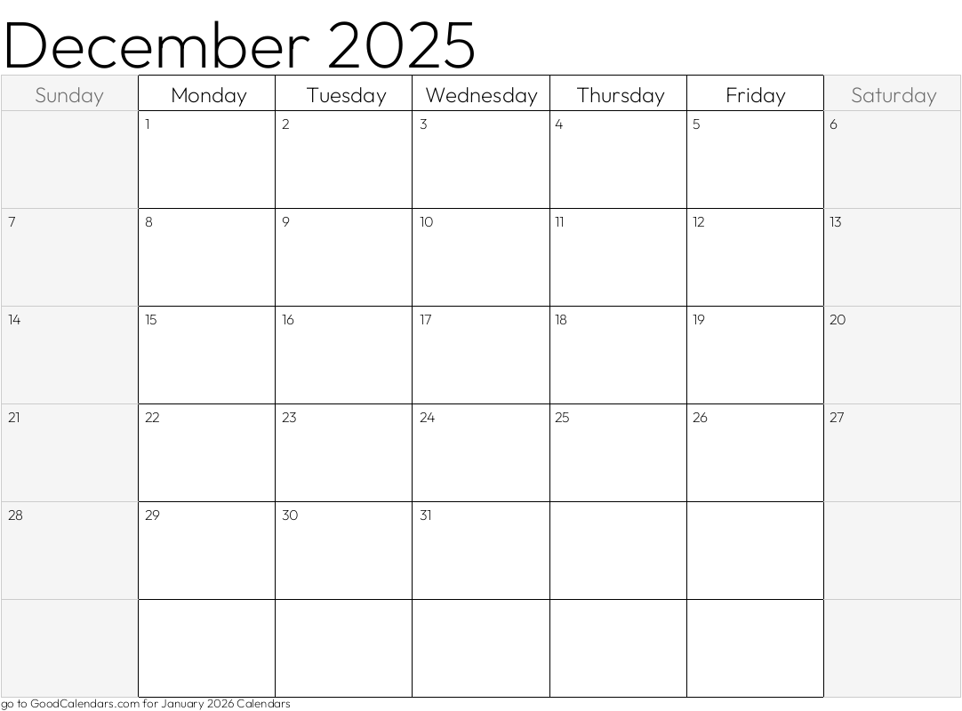 Shaded Weekends December 2025 Calendar Template in Landscape