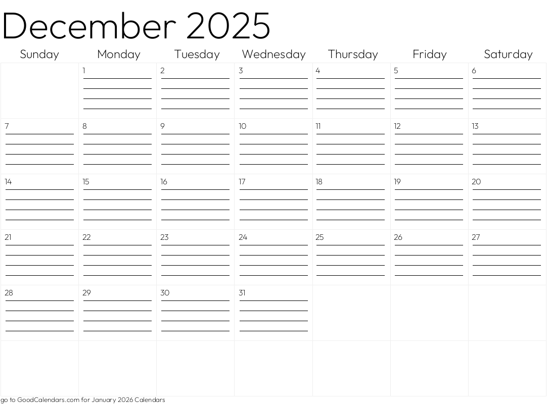 Lined December 2025 Calendar Template in Landscape