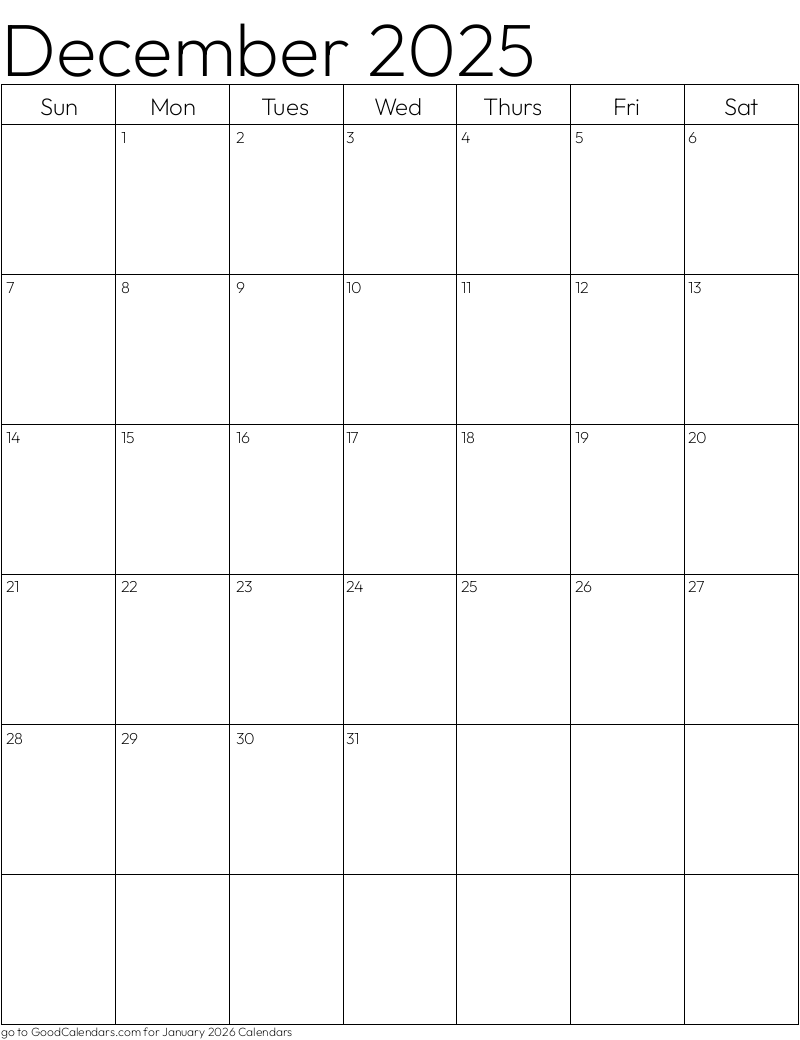 Standard December 2025 Calendar Template in Portrait